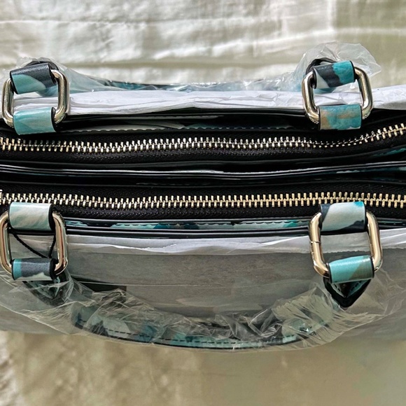 SATCHEL/SHOULDER BAG, JACK FRENCH LONDON PARK LEATHER, BLUE FLORAL, TOP ZIPPERS, - Picture 3 of 16